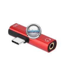 Type-C laidai ir jungtys - Type-C į Type-C lizdą ir AUX 3.5mm lizdą jungtis raudonos spalvos