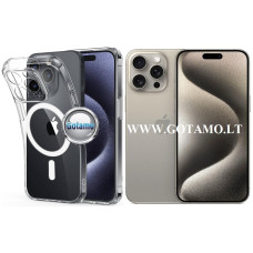 Apple iPhone 15 Pro Max dėklai ir apsauginiai stiklai - MagSafe Jelly dėklas nugarėlė su apsauga kamerai Apple iPhone 15 Pro Max telefonui skaidrus