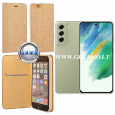 Samsung Galaxy S21 FE 5G dėklai ir apsauginiai stiklai - Vennus Diary magnetinis dėklas Samsung Galaxy S21 FE 5G telefonui aukso spalvos